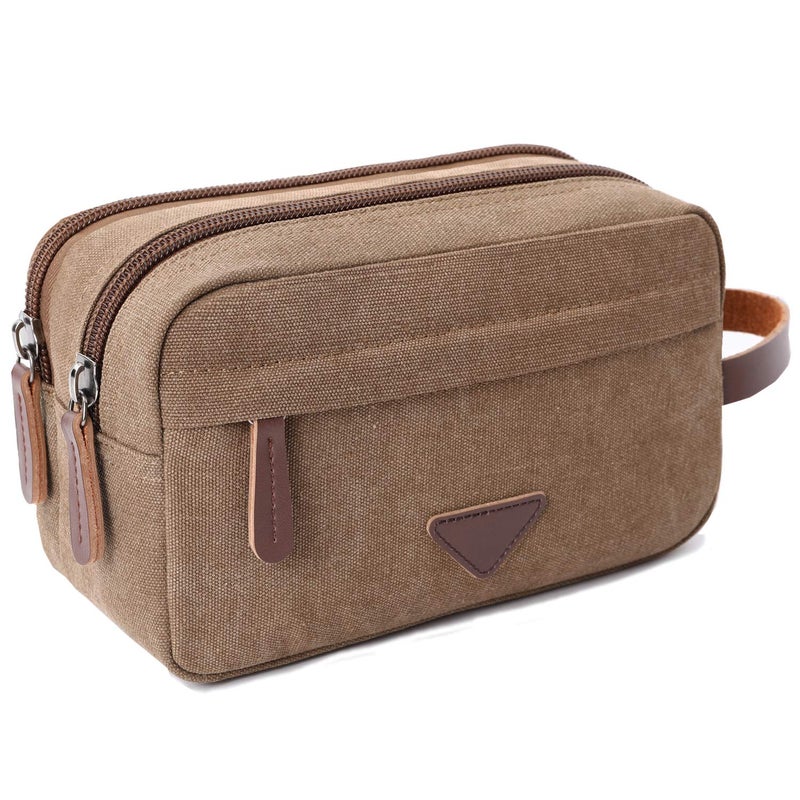 Mactso Mens Travel Toiletry Bag Canvas Leather Cosmetic Makeup Organizer Shaving Dopp Kits with Double Compartments (Coffee) - Image 1